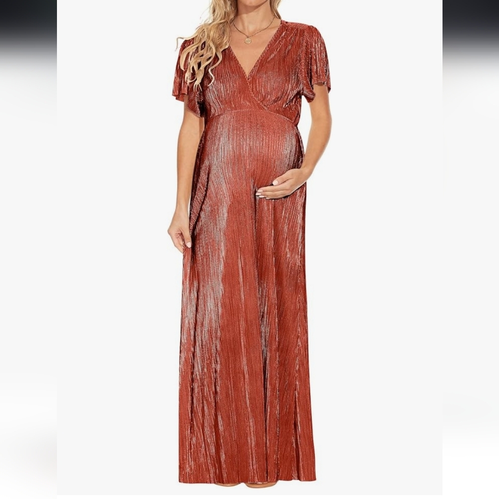 Peauty Goddess Metallic Orange/Rust Pleated V-Neck Maternity Maxi Dress